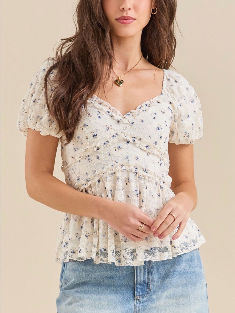 Altar'd State Cream Floral Lace Peplum Crop Top with Blue Accents